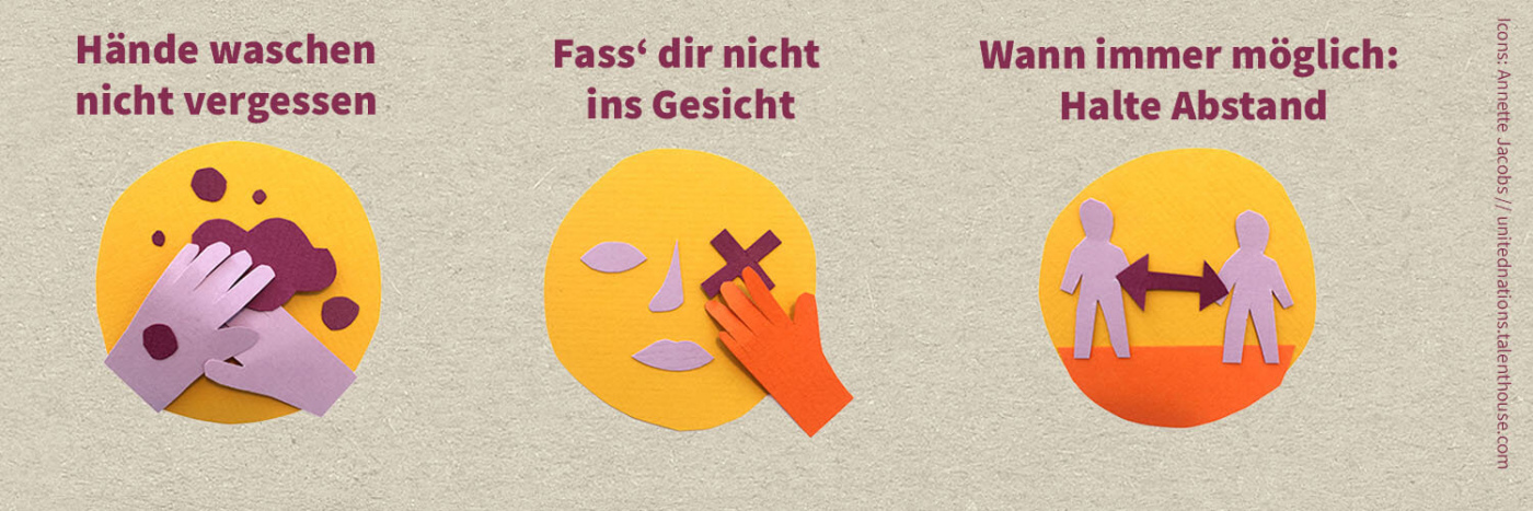 drei Icons erläutern: Hände waschen nicht vergessen; Fass' dir nicht ins Gesicht; Wann immer möglich: halte Abstand