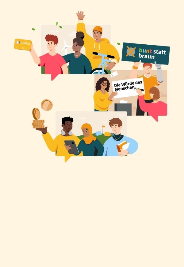 Eine Illustration von drei Sprechblasen, in denen junge Menschen verschiedene Dinge tun, die mit der Jugendarbeit zusammenhängen.