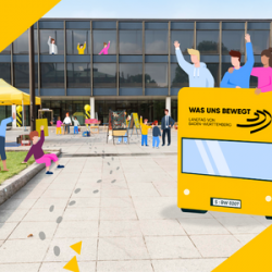 Comic: ein Schulbus mit winkenden Kindern fährt vor den Landtag