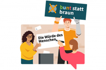 Illustration von drei jungen Menschen, die Plakate für eine Demo malen. Auf einem weißen Plakat steht: die Würde des Menschen..., auf einem türkisfarbigen Plakat steht bunt statt braun. Im Hintergrund ist eine Wahlurne abgebildet.