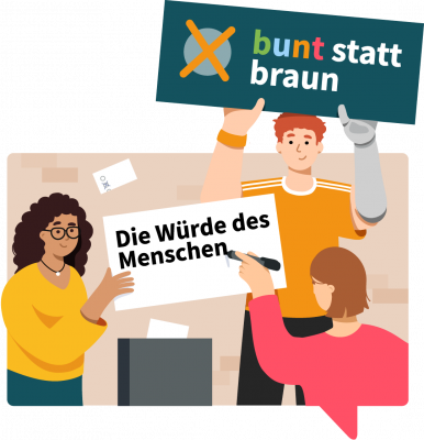 Illustration von drei jungen Menschen, die Plakate für eine Demo malen. Auf einem weißen Plakat steht: die Würde des Menschen..., auf einem türkisfarbigen Plakat steht bunt statt braun. Im Hintergrund ist eine Wahlurne abgebildet.