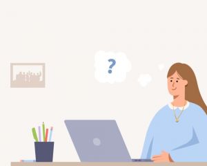 Zeigt eine illustrierte, weiblich gelesene junge Person, die vor einem Laptop sitzt. In einer Gedankenblase steht ein Fragezeichen.