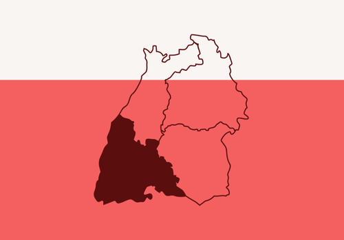 Zeigt eine Baden-Württembergkarte, in der der Regierungsbezirk Freiburg rot hervorgehoben ist.