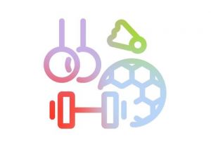 Zeigt verschiedene Sportgeräte: Hantel, Fußball, Turn-Pferd und Badminton-Ball