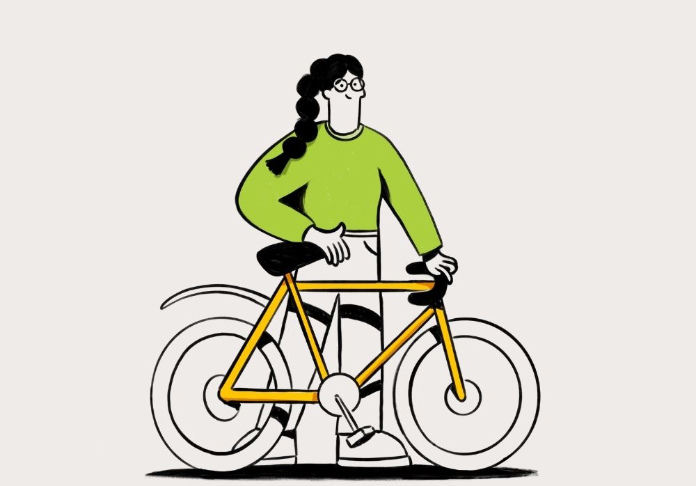 Illustration einer jungen Frau in grünem Pullover, die ein gelbes Fahrrad schiebt.