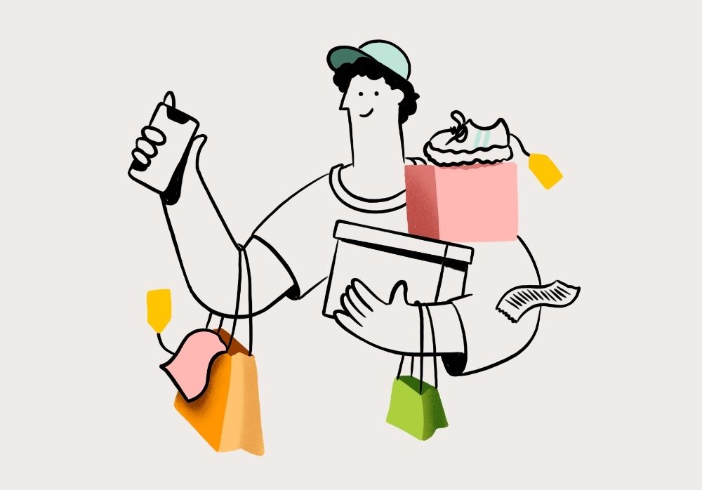 Illustration einer jungen Person, die verschiedene Einkaufstüten, Sneaker mit Presischild, Kassenzettel und ein Handy trägt.