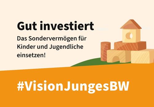 eine Vorschau des Posts für Social Media. Darauf zu sehen ist die Illustration eines Hauses auf Bauklötzen, der Slogan "Gut investiert: Sondervermögen für Kinder und Jugendliche einsetzen" und die Forderung.