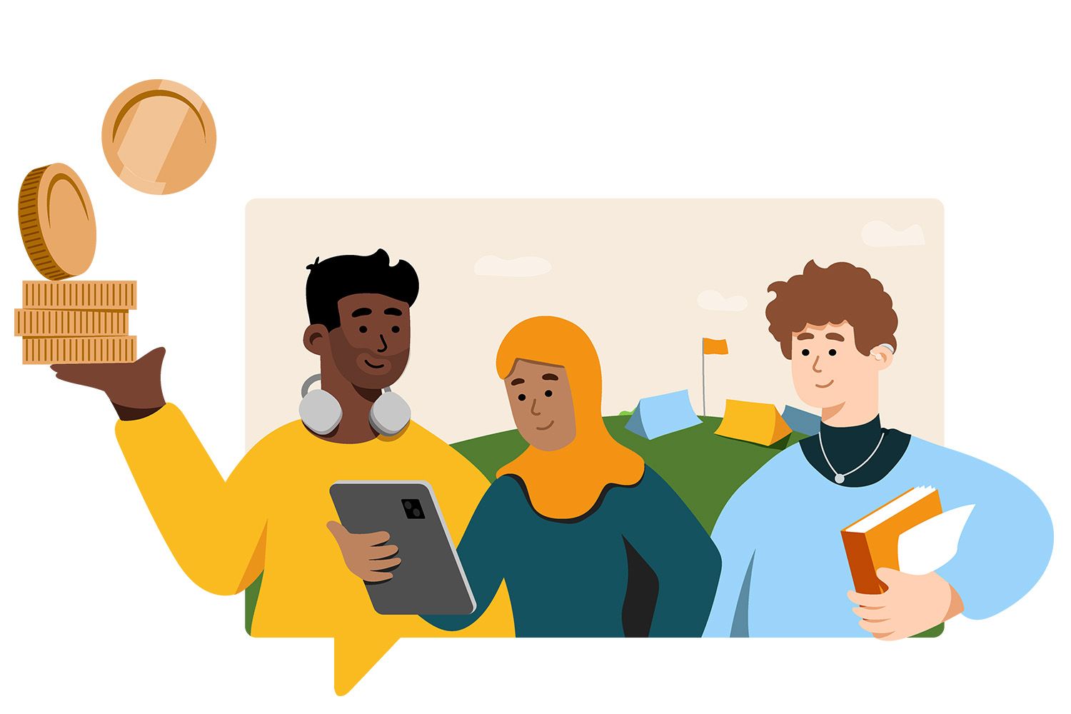 Auf dem Bild ist eine Illustration von drei Jugendlichen zu sehen, ganz links ein Jugendlicher, der symbolische große Münzen in der Hand hält, ein Mädchen mit Kopftuch schaut etwas auf einem Tablet nach und eine dritter ein Buch in der Hand.