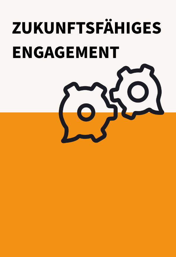 Eine Illustration von zwei Zahnrädern, mit de Text "„zukunftsfähiges Engagement“