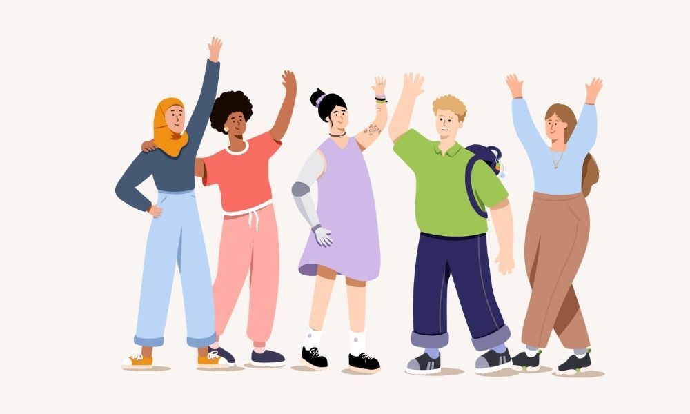 Zeigt eine Illustration von fünf jungen Menschen, die fröhlich nebeneinanderstehen, sich abklatschen und winken. Sie haben bunte Kleidung an.