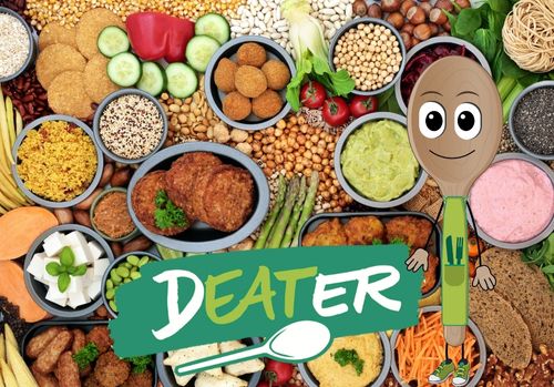 Viele verschiedene Lebensmittel, wie Fleisch, Käse, Obst, Gemüse, auf gelben Hintergrund