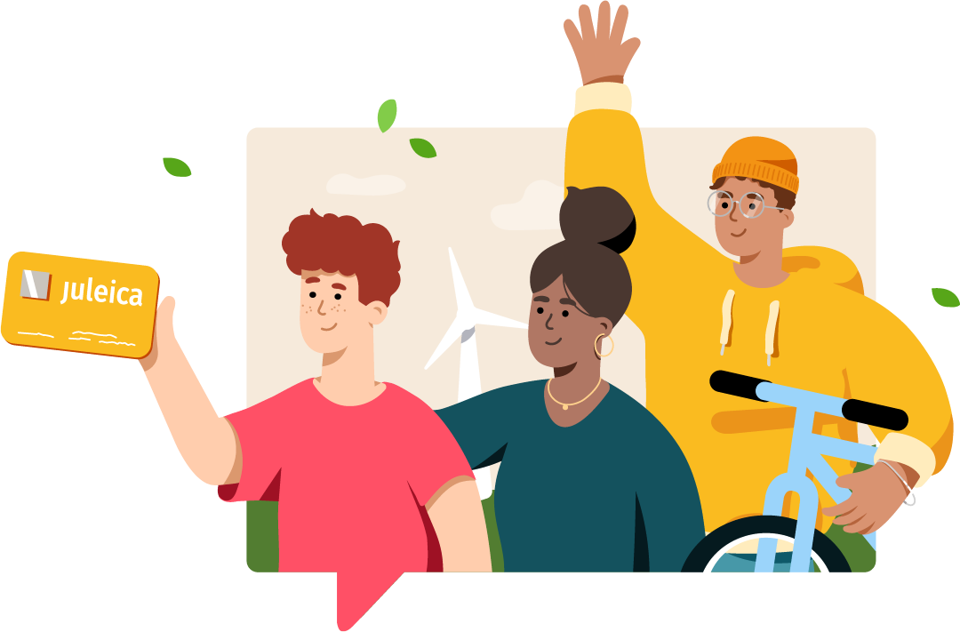 Eine Illustration von drei jungen Menschen: der erste hält eine Juleica hoch, eine junge Frau steht freundschaftlich an seiner Seite. Links steht ein junger Mann mit einem Fahrrad und winkt. Im Hintergrund grüne Landschaft und ein Windrad.