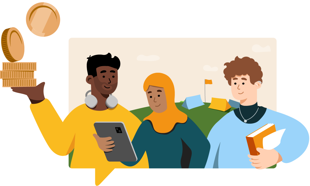 Illustration von drei jungen Menschen, ganz rechts hat einer symbolhaft große Geldmünzen in der Hand, daneben eine junge Frau mit einem Tablet, neben ihr steht eine Person mit einem Buch unter dem Arm. Im Hintergrund ist eine Zeltlager zu sehen.