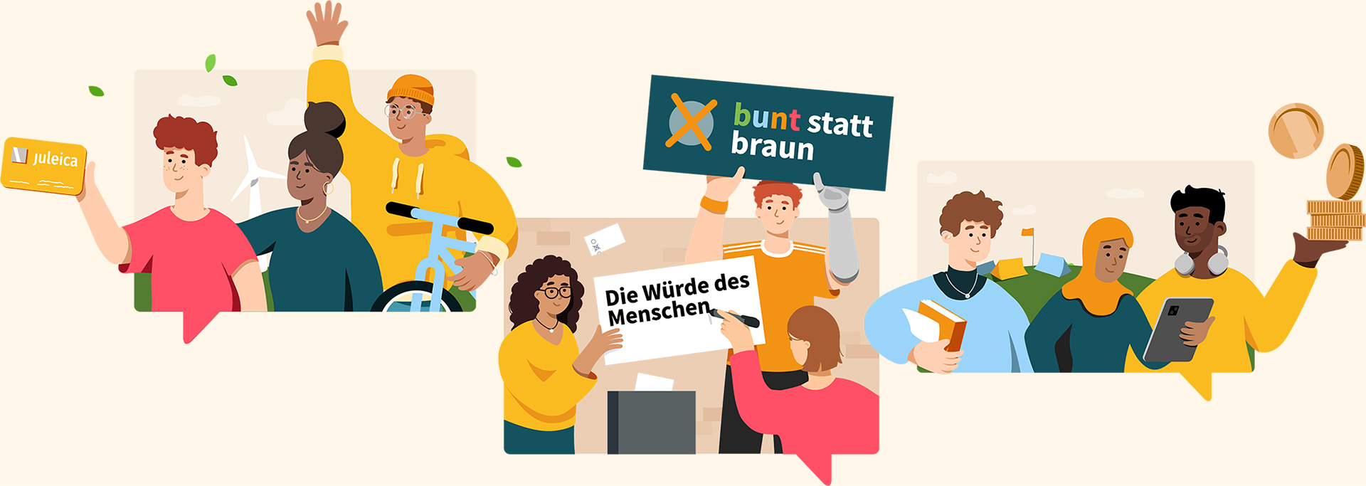 Der Banner fasst die Forderungen in verschiedenen Illustrationen zusammen: eine Gruppe junger Menschen vor einer grünen Landschaft, eine Gruppe junger Menschen die sich für eine Demo vorbereiten und eine Gruppe, die beim Zeltlager sind.