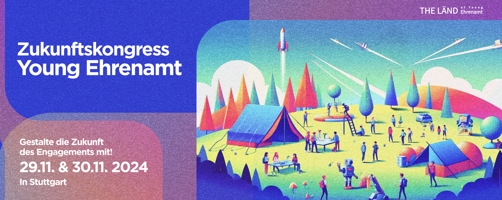 Zeigt ein KI-generiertes Bild, indem Roboter und Menschen gemeinsam ein Zeltlager durchführen.